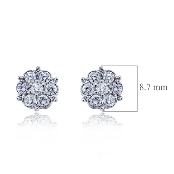 1.00 Carat Round Cut Diamond Cluster Stud Earrings 14K White Gold - Picture 6 of 6